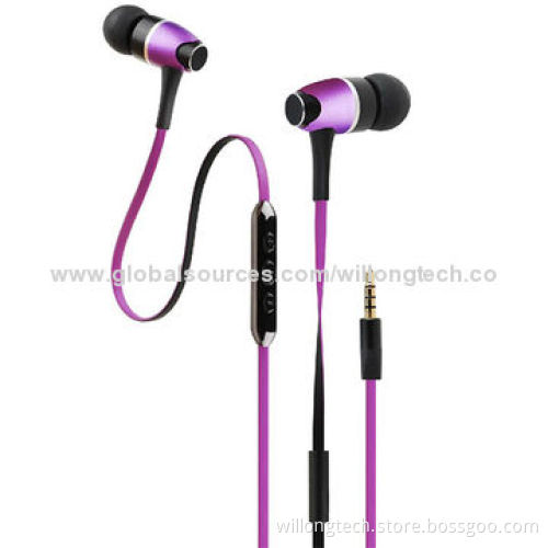 Long flat wired metal earphone with volume control, fashionable and durable